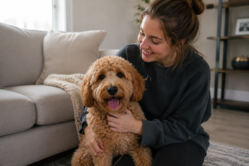 Person bonding with an Australian Labradoodle puppy