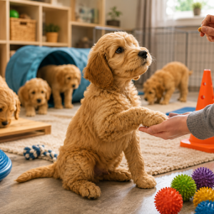 Goldendoodle puppy learning basic training