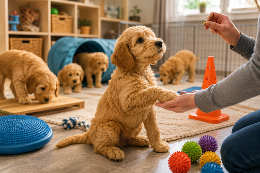 Goldendoodle puppy learning basic training