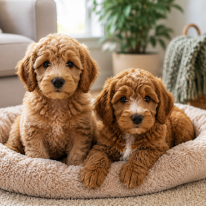 Two Australian Labradoodle puppies with soft fleece coats