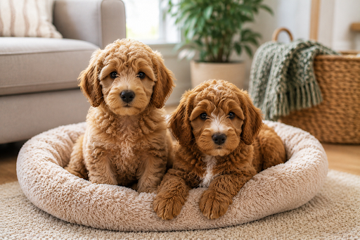 Two Australian Labradoodle puppies with soft fleece coats