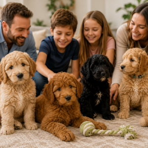 Happy Labradoodle puppy playing with a family