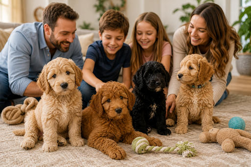 Happy Labradoodle puppy playing with a family