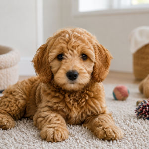 Mini Goldendoodle puppy relaxing on a soft rug