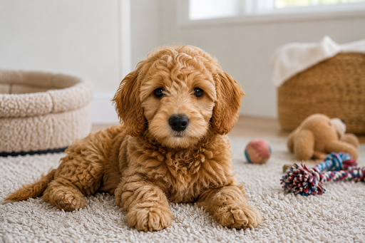 Mini Goldendoodle puppy relaxing on a soft rug
