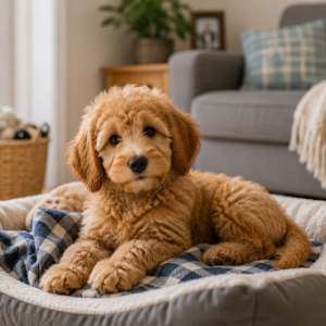 Miniature Goldendoodle puppy relaxing in a cosy home environment