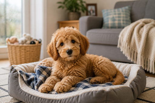 Miniature Goldendoodle puppy relaxing in a cosy home environment