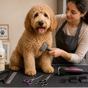Person grooming a medium Labradoodle