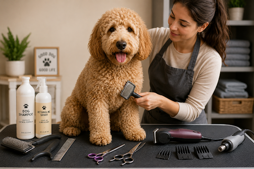Person grooming a medium Labradoodle