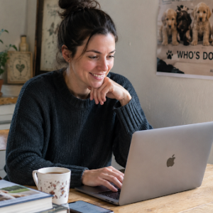 Person researching reputable Labradoodle breeders online