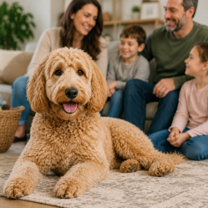 Adult Goldendoodle relaxing in a family living room
