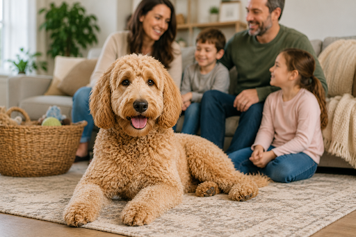 Adult Goldendoodle relaxing in a family living room