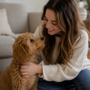 Woman bonding with a multi-generational Goldendoodle puppy