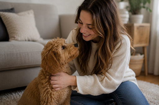 Woman bonding with a multi-generational Goldendoodle puppy