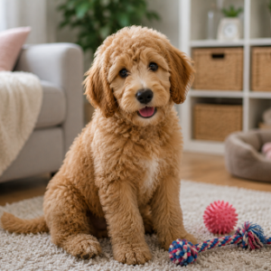 F1B medium Goldendoodle puppy sitting on a rug