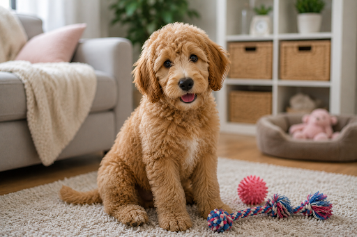 F1B medium Goldendoodle puppy sitting on a rug
