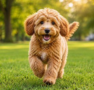 Mini Goldendoodle running outdoors 